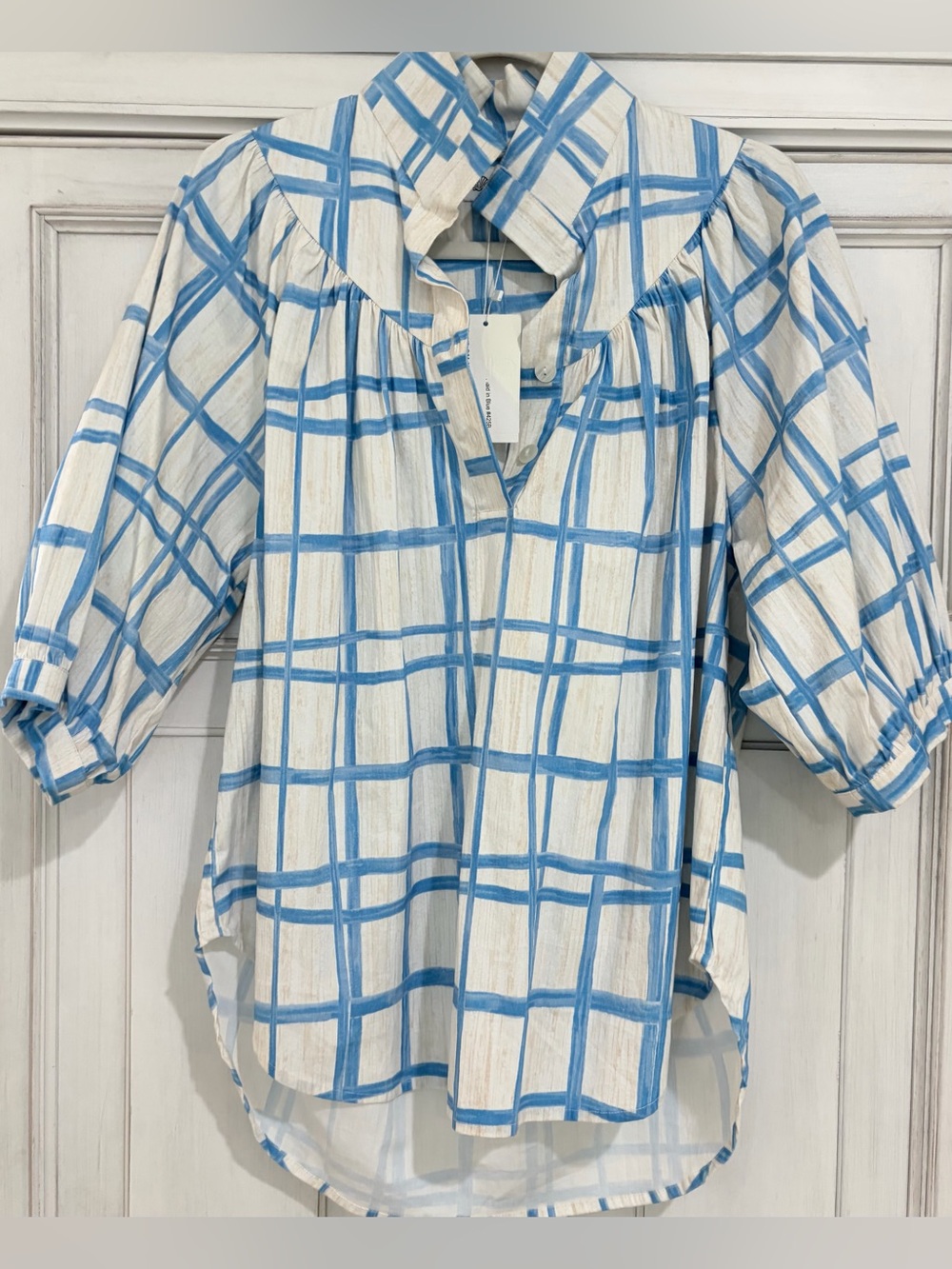 Blue Windowpane Check Relaxed V-Neck Blouse